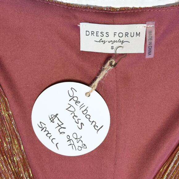 Dress Forum Gold Metallic Pleated Belted Mini Dress Size S Mauve NYE Holiday NWT - Picture 4 of 14